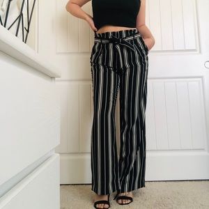 Black and White Striped Paperbag Pants